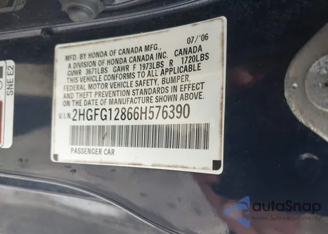 2006 Honda Civic Ex из США, поврежденный, VIN 2HGFG12866H576390